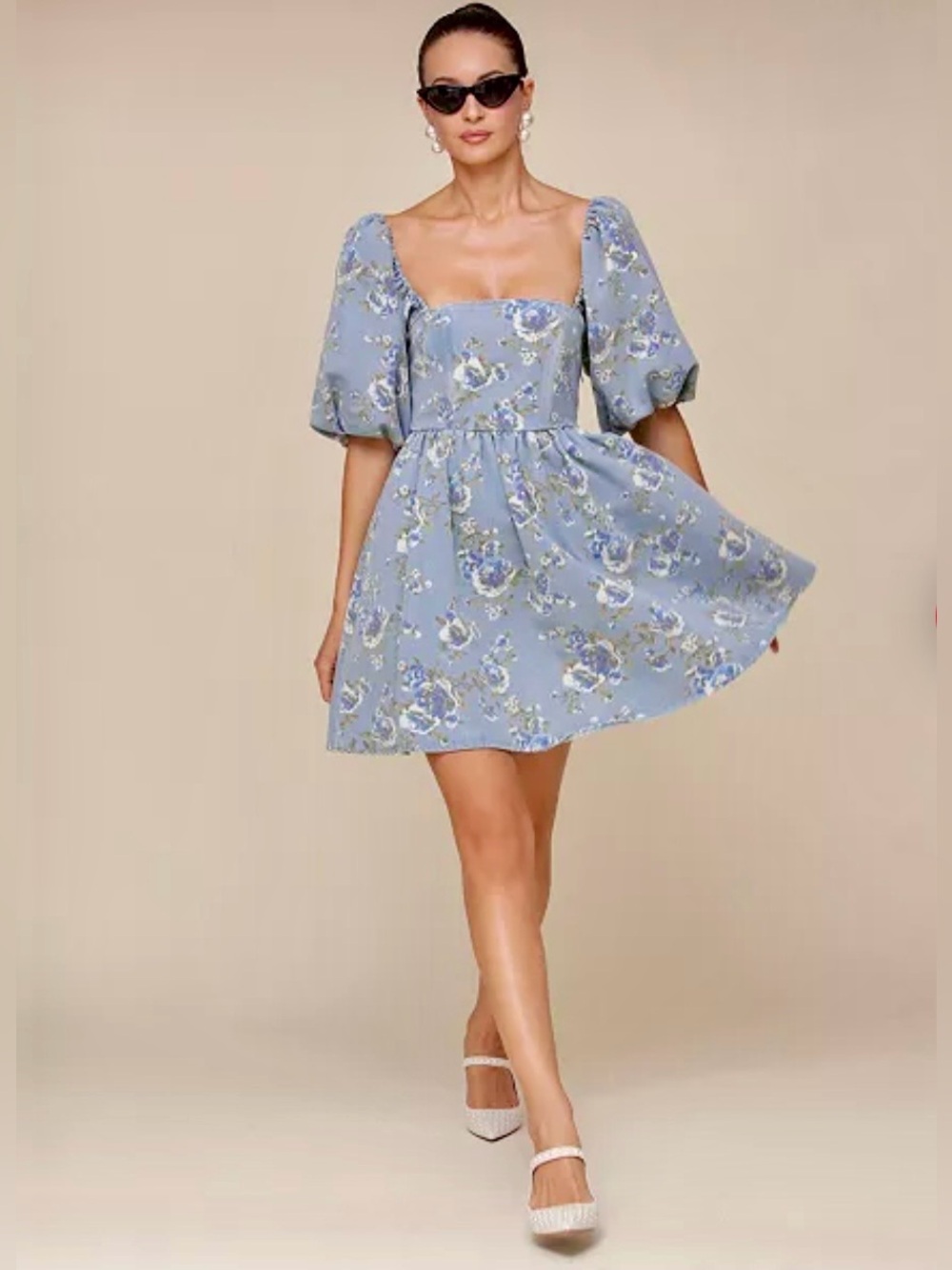 AVEC LES FILLES Square-Neck Puff-Sleeve Floral Mini Dress